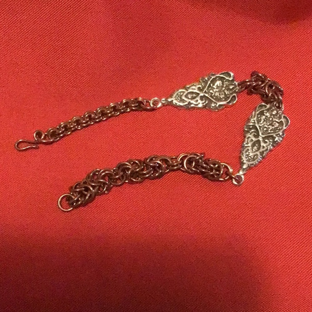 Sterling silver accents on copper chainmaille bracelet